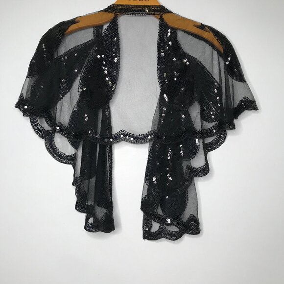 WOMENS MANTILLA BLACK SEQUIN SHAWL SHEER SCARF CAPE SHRUG FESTIVAL COACHELLA - Picture 3 of 8